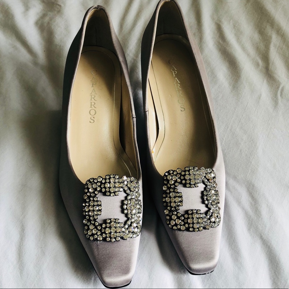 Caparros gray silver satin shoe rhinestone Buckle